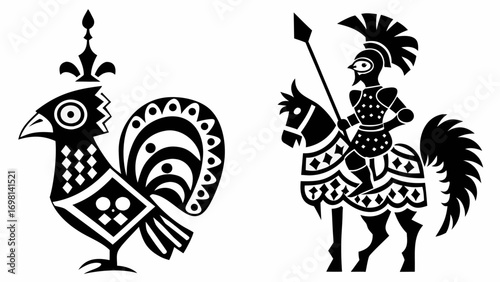 Stylized black and white rooster with crown and knight on horse with spear illustration art silhouette