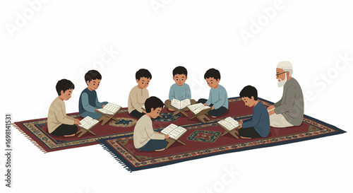 Children studying with an elder on rugs