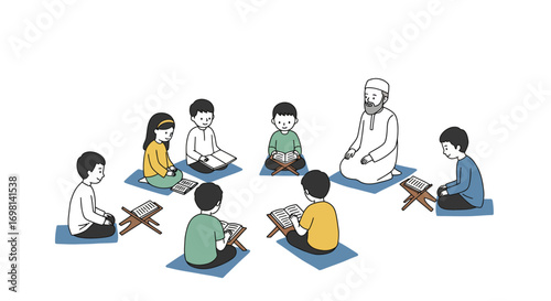Children and an elder in traditional Islamic attire reading books