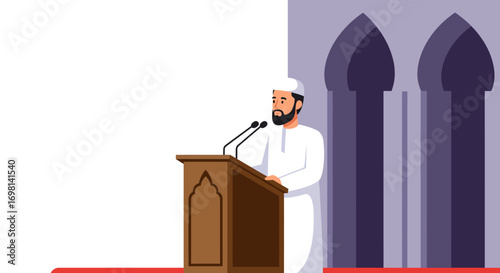Imam at podium with microphones in front of Islamic architecture
