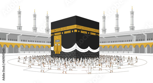 Kaaba surrounded by pilgrims in a courtyard with minarets and arcades