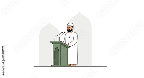 Muslim man at podium with microphones in front of mosque silhouettes