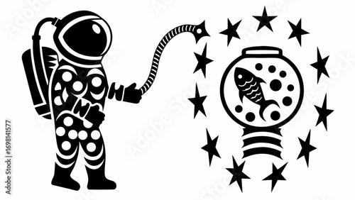 An astronaut in a spacesuit holding a hose connected to a fishbowl surrounded by stars in black and white silhouette