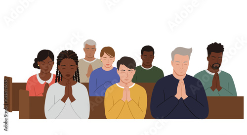 Diverse group of people praying in a church pew