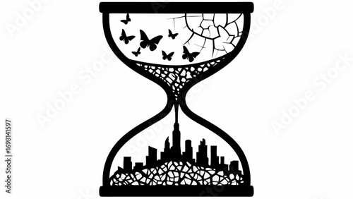 Black and white hourglass with butterflies and cracks at the top and a city skyline at the bottom section silhouette