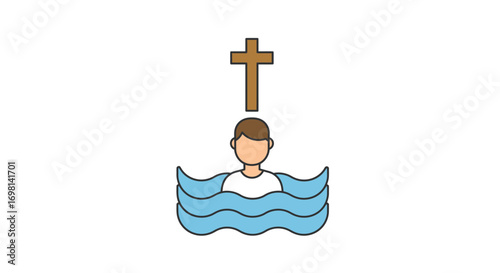 Illustration of person in water with a cross above