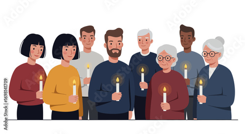 Diverse group of people holding lit candles in a line