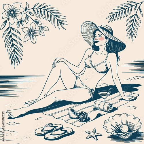 Retro beach scene with woman in hat and bikini on striped towel Keywords: beach, woman, bikini