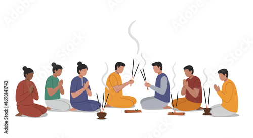Diverse people praying with incense sticks seated in a line