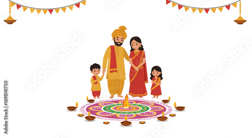 A family of four dressed in traditional Indian attire stand near a rangoli and diyas