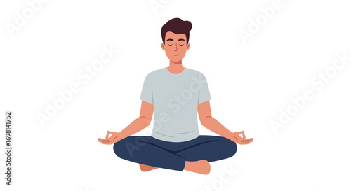 Man meditating in lotus pose on white background