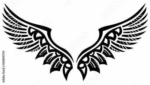 Two stylized black wings with intricate tribal patterns spread symmetrically on a white background design silhouette