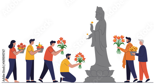 People offering flowers and fruit to a Buddha statue