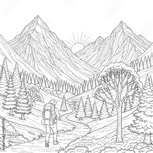 Hiker on a scenic mountain trail at sunrise, line art vector illustration for coloring