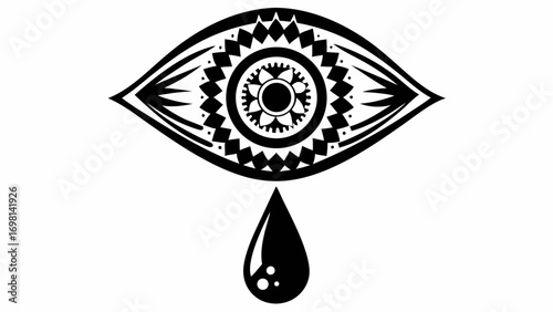 Stylized eye with tribal patterns and a teardrop below in black and white illustration style design silhouette