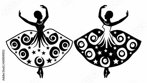 Two stylized ballerinas in silhouette with patterned dresses featuring stars and swirls in contrasting colors