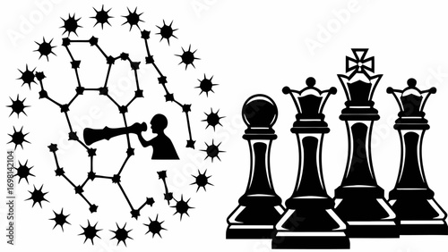 Illustration depicting a constellation with a child looking through a telescope and chess pieces on the side silhouette