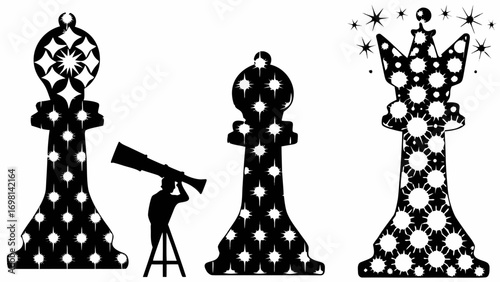 Three patterned chess pieces and a person looking through a telescope on a tripod stand out black silhouette