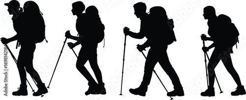 Group hikers walking, trekking with backpacks, outdoor adventure, hiking silhouette, nature exploration, hiking trail, backpacking journey, trekking poles, mountain hiking, 