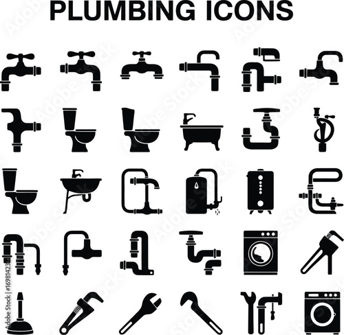 Plumbing services icons set vector illustration for bathroom kitchen repair and maintenance needs design