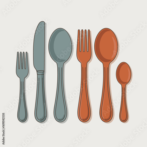 Set of Five Cutlery Utensils Forks Spoons Knife in Two Colors Keywords: cutlery, utensils, fork
