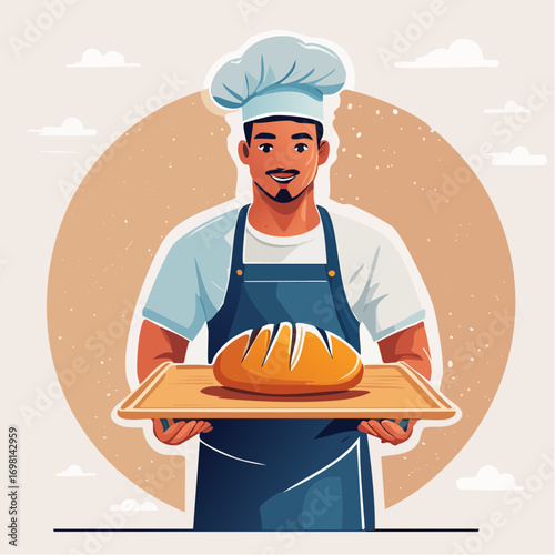Smiling Male Baker Holding Freshly Baked Bread on Wooden Board
