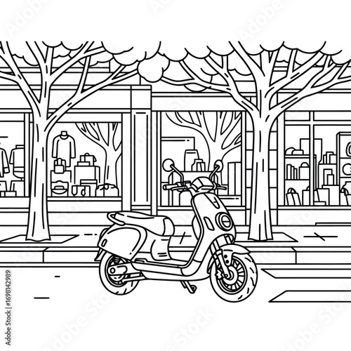 Urban adventure classic scooter parked on a vibrant city street, symbolizing freedom and modern exploration.