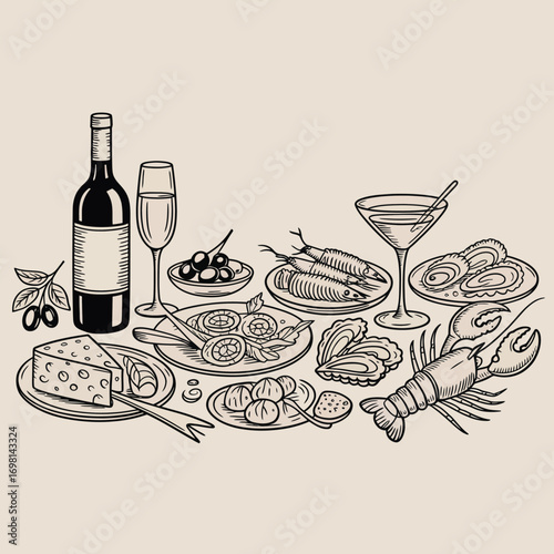Sketch of a lavish spread of food and drinks with wine and seafood cheese olives