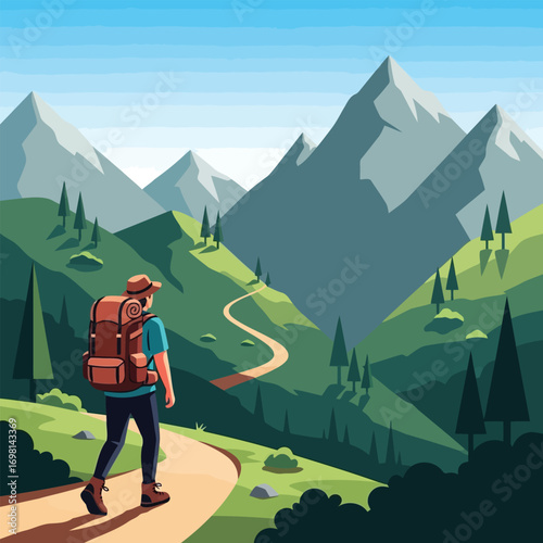 Adventurous hiker with backpack exploring a scenic mountain trail on a solo journey