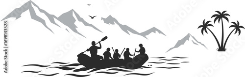 people in boat near mountains and palm tree silhouette on transparent background