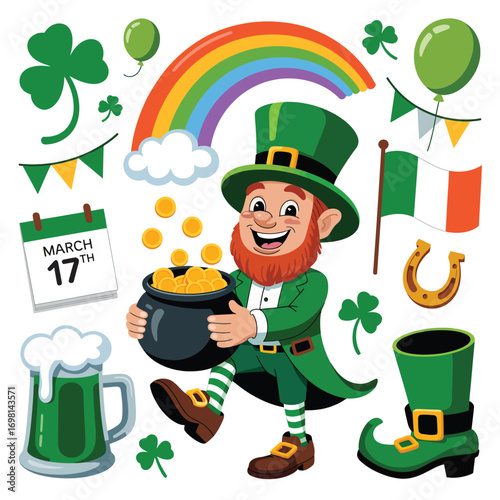 St Patricks Day Leprechaun Pot of Gold Rainbow and Irish Symbols Keywords: St Patricks Day