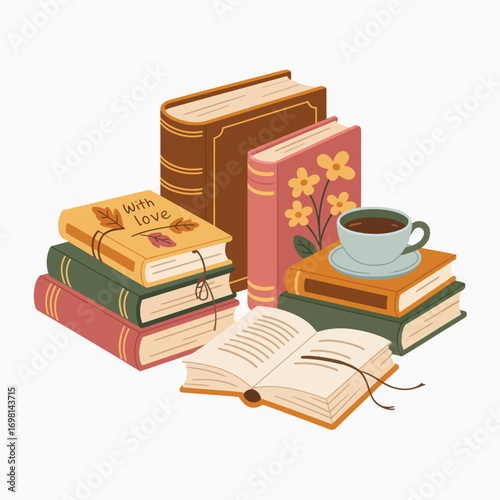 Stack of books with a cup of coffee and autumn leaves decoration Keywords: books, stack, coffee