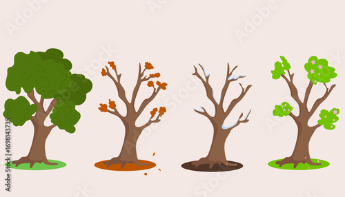 illustration 4 trees in different seasons. Seasons. Summer autumn winter spring. hand drawn pictures for poster, advertising, motivational picture, for children's books and textbooks