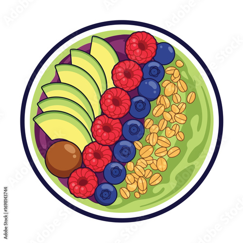Healthy breakfast bowl illustration Avocado, berries, and granola