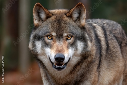 Eurasian wolf showing teeth in the forest