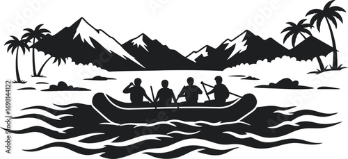 adventure scene with canoeists mountains palms on transparent background silhouette