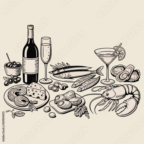 Still life illustration of seafood, cheese, olives, and wine in a sketch style fish