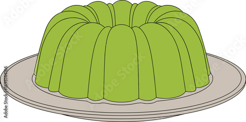 green gelatine dessert melded in a ring shape on a simple plate, ready to be served.