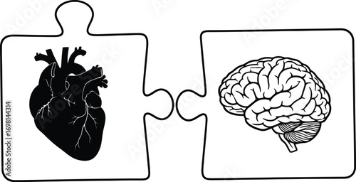 Interconnected puzzle pieces representing the heart and brain, symbolizing the balance between emotion and logic.
