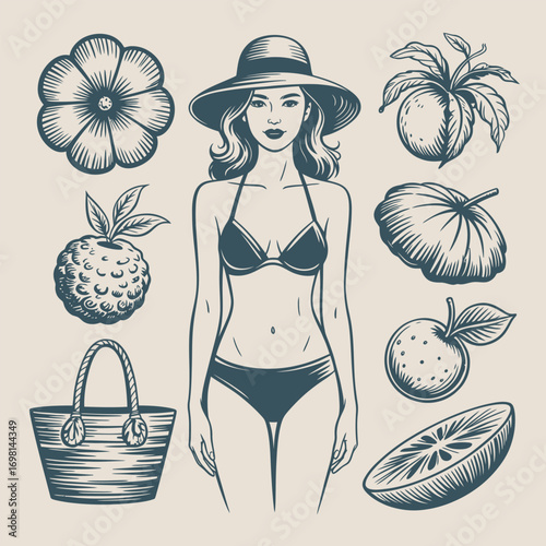 Stylized illustration of a woman in a bikini surrounded by fruits and beach bag vector