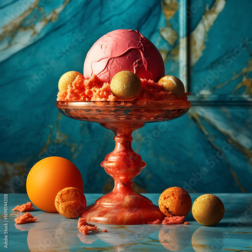 Marble pedestal dessert mockup with pink scoop and spheres
