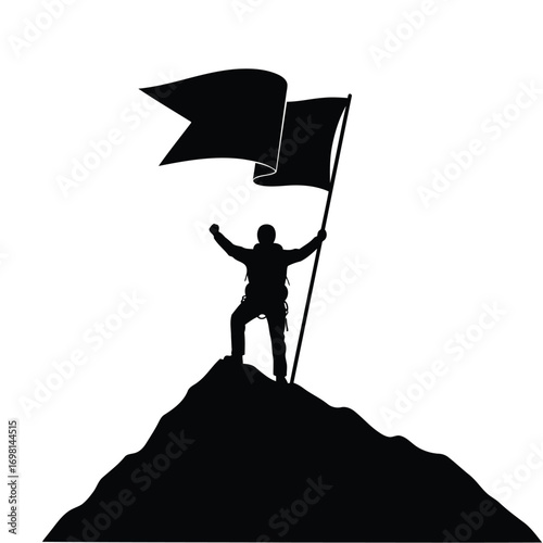 Achieving Success Silhouette on Peak Holding Flag of Accomplishment