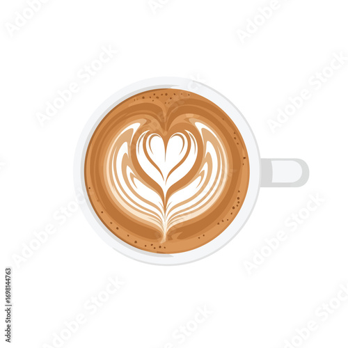 Artistic Latte Coffee with Heart Shape in White Ceramic Cup from Above