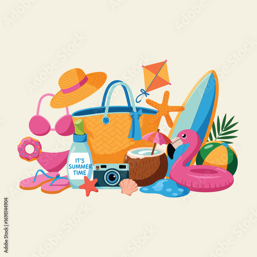 Summer Vacation Beach Elements With Flamingo Surfboard And Coconut Drink Keywords: summer