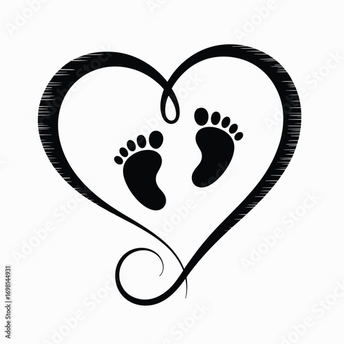 Baby footprints inside heart shape, black silhouette symbol of love, motherhood, infant care, newborn keepsake, family bond, parent-child vector illustration
