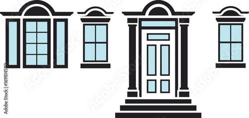 Architectural window and door set, classical facade elements vector, traditional home front design, colonial style illustration, decorative building clipart
