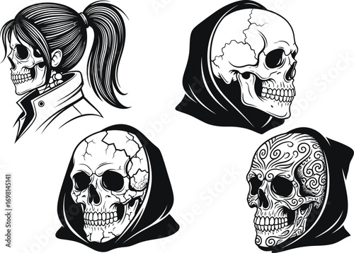 Skulls with intricate designs and a female skeleton horror theme
