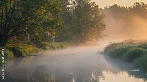 Wallpaper Mural Misty river landscape with trees at sunrise in nature   Torontodigital.ca