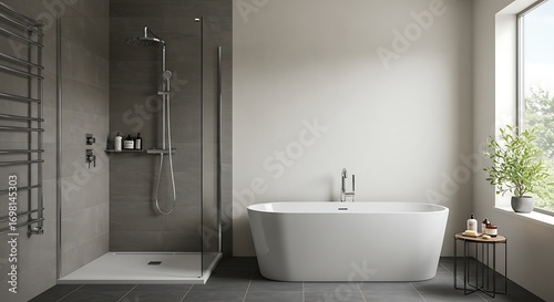 Modern Minimalist Bathroom with Freestanding Tub, Walk-in Shower, and Lush Green Plant