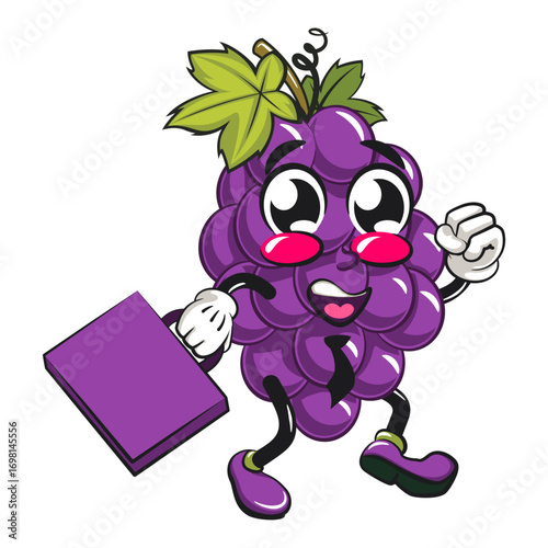 cute grape fruit mascot character vector illustration wearing a tie and carrying a suitcase rushing to the office, work of hand drawn